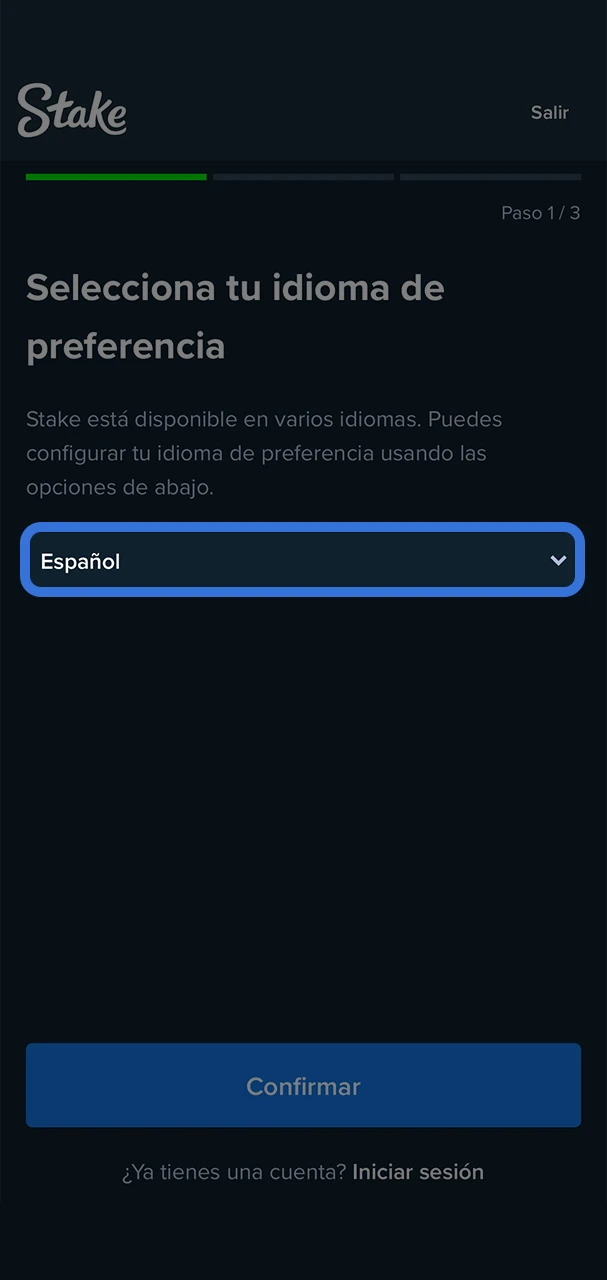 Elija el idioma que más le convenga para navegar rápidamente por el proceso de registro en Stake.